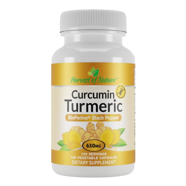 Frasco de cápsulas de cúrcuma Harvest of Nature con curcumina
