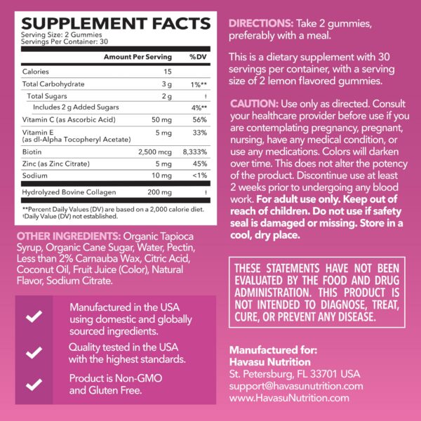 Etiqueta de las gominas de colágeno HAVASU