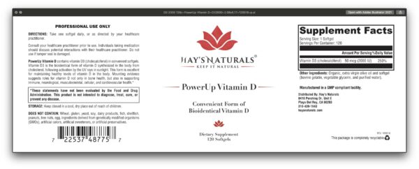 Frontal de la botella Hay's Naturals PowerUp Vitamina D3 2000 UI