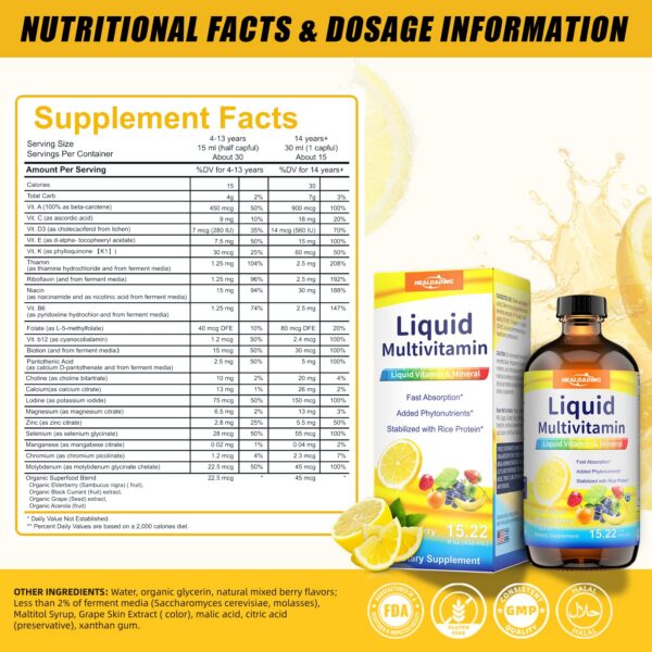 Etiqueta frontal de HEALOADING multivitamínico líquido