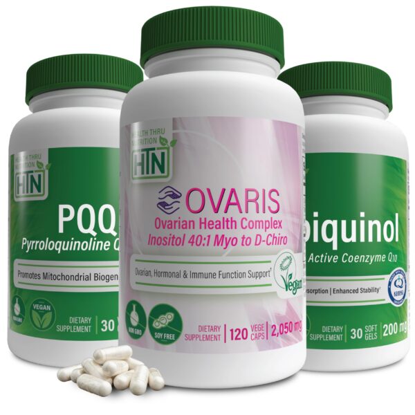 Frasco del kit Health Thru Nutrition con Ovaris y PQQ