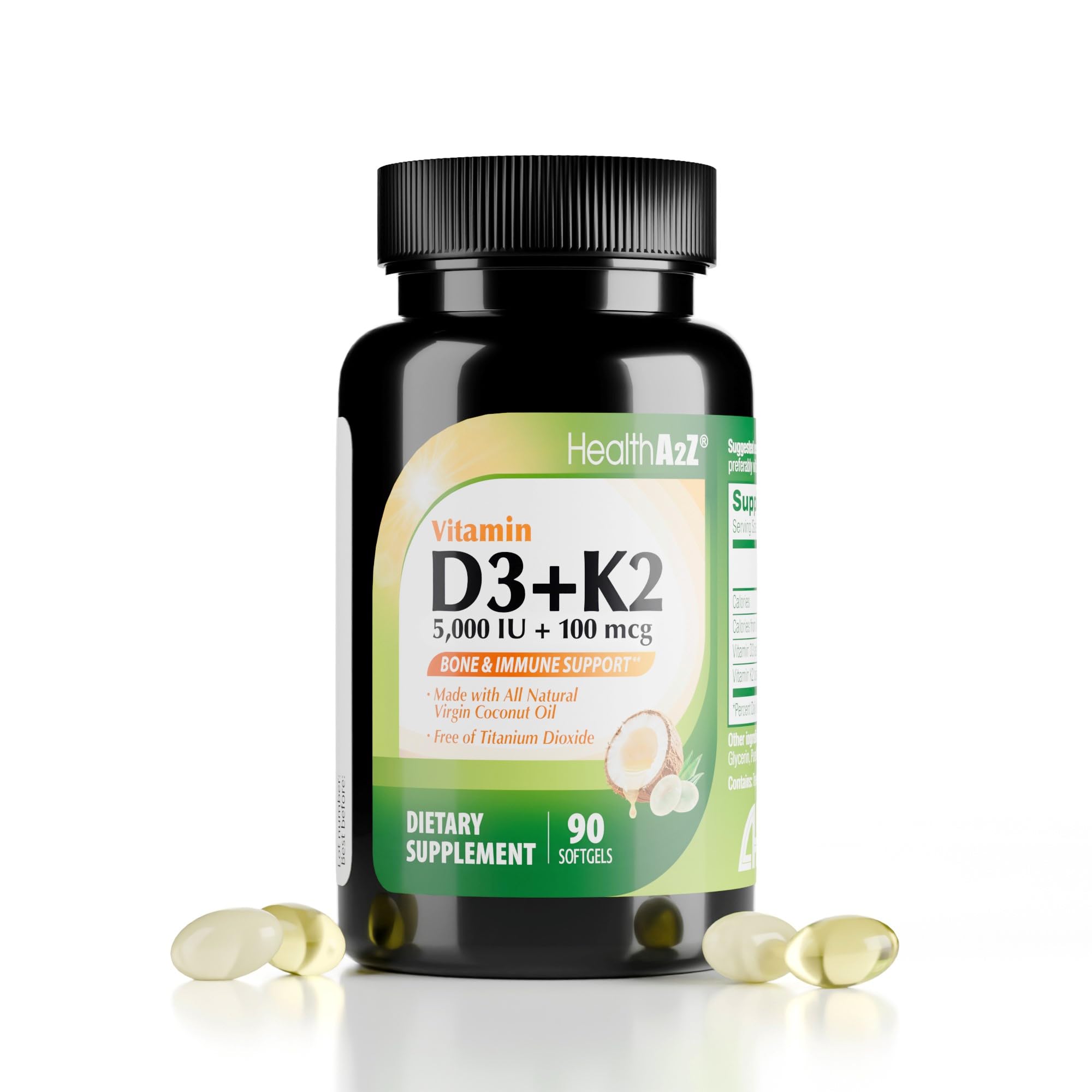 HealthA2Z vitamina d3 5000 iu y k2 mk-7 softgels 90u, con aceite de coco virgen para absorción