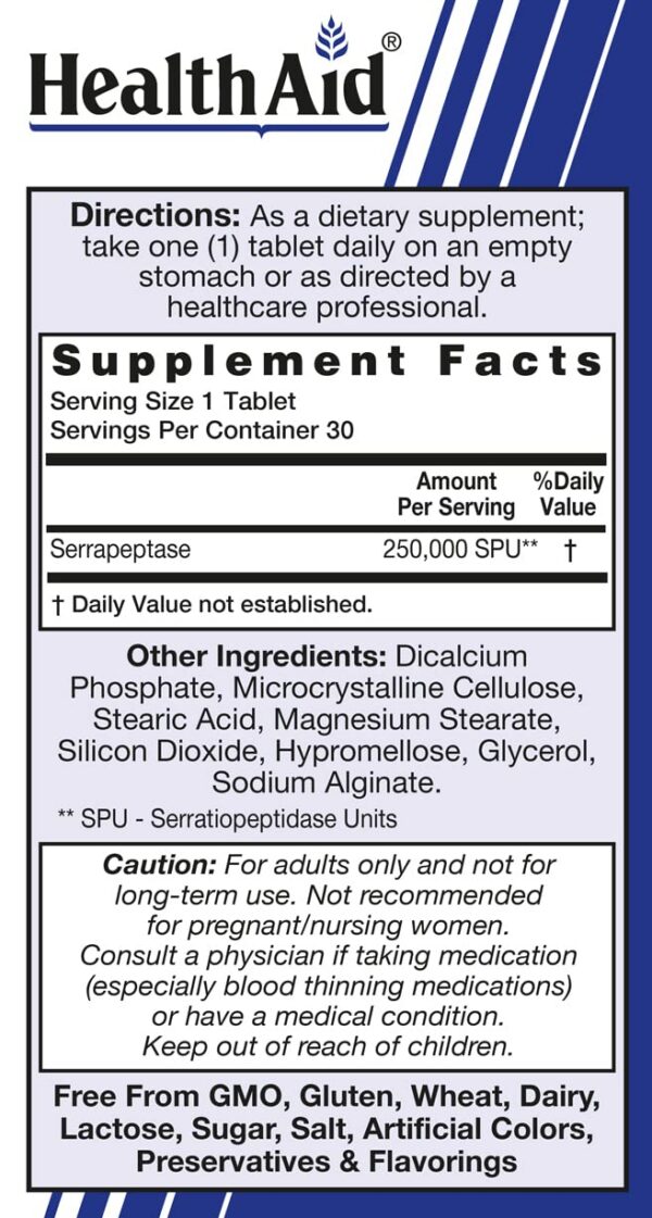 Etiqueta del empaque HealthAid Serrapeptase