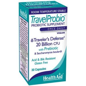Envase HealthAid TravelProbio 30 cápsulas veganas para viajeros