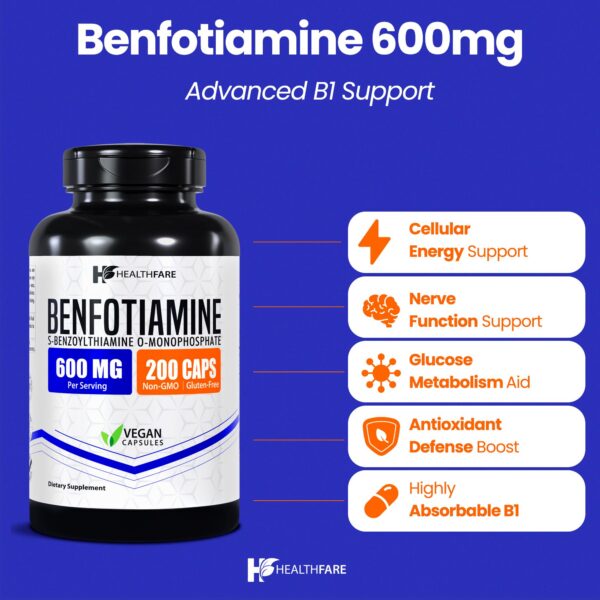 Healthfare Benfotiamine 600 mg etiqueta y frasco