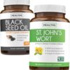 Frasco Healths Harmony Black Seed Oil y St. John's Wort con etiqueta
