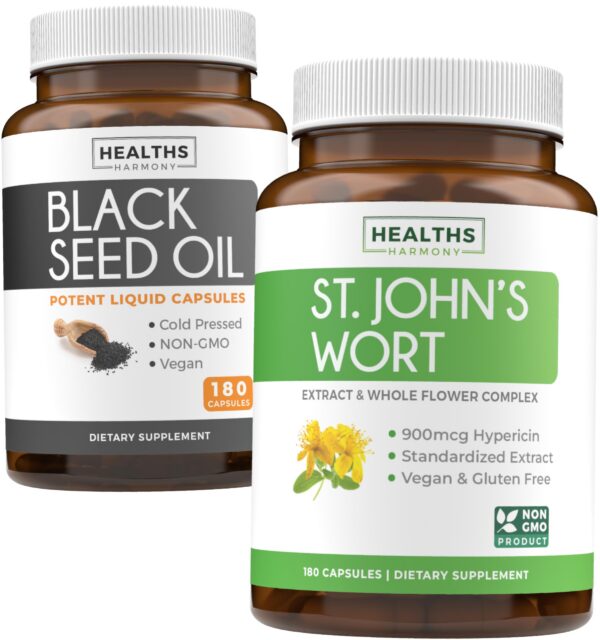 Frasco Healths Harmony Black Seed Oil y St. John's Wort con etiqueta