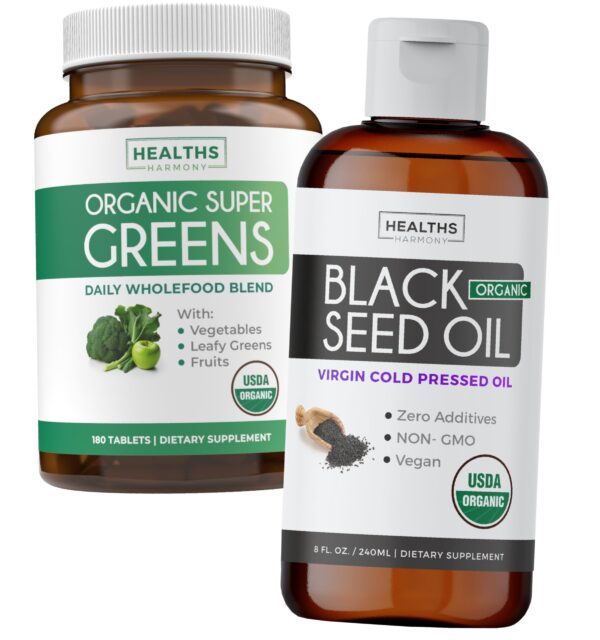 Version 1.0.0 Healths Harmony Super Greens y Black Seed Oil cápsulas