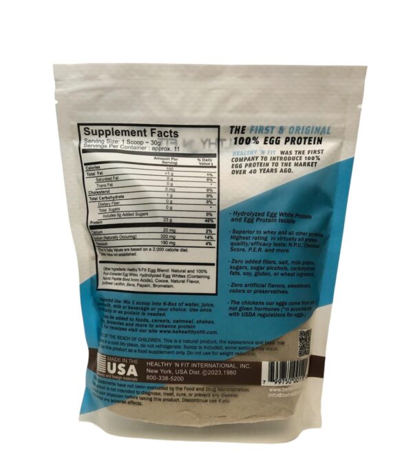 Version 1.0.0 Etiqueta posterior de Healthy 'N Fit proteína de clara de huevo chocolate