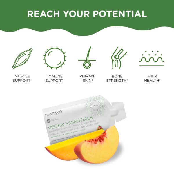 Version 1.0.0 Gel packs multivitamínico vegano líquido HealthyCell Essentials sabor durazno mango