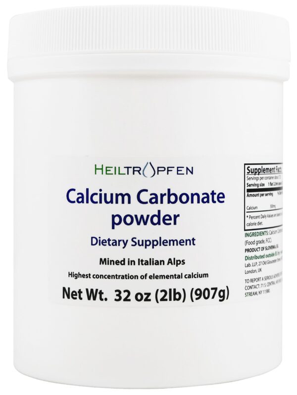 Frente del envase Heiltropfen calcio carbonato polvo 32oz
