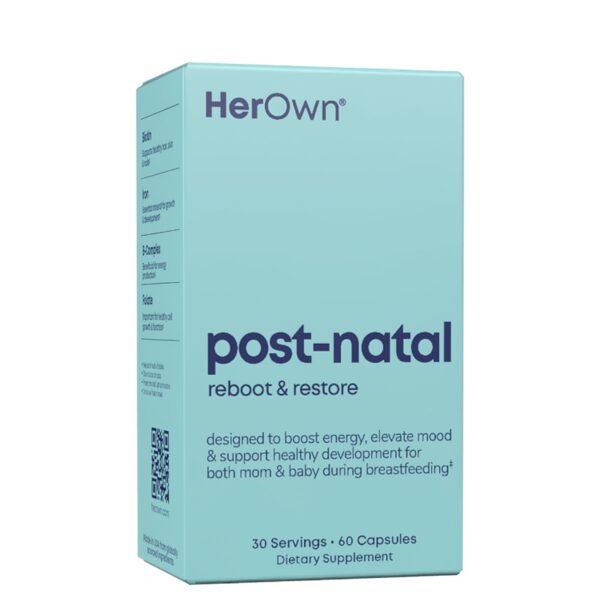Frasco de Her Own Post-Natal y etiqueta frontal