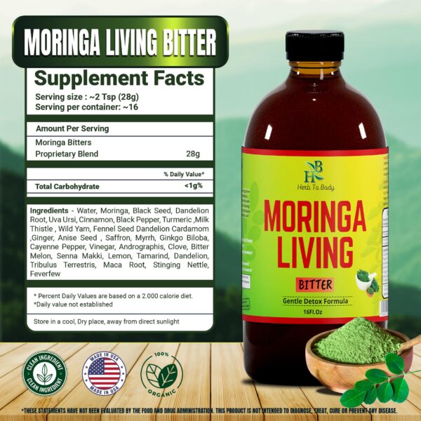 Etiqueta frontal de Herb To Body Moringa Bitters con ingredientes naturales