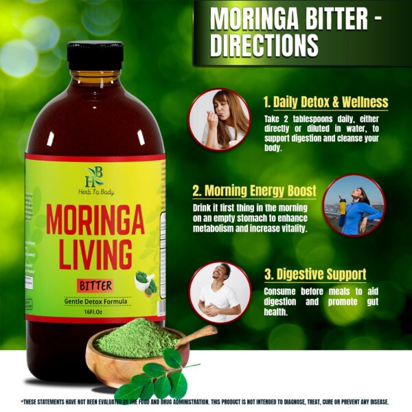 Frasco de Herb To Body Moringa Bitters líquido herbal para bienestar