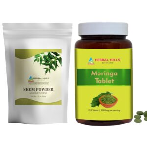 Version 1.0.0 HERBAL HILLS polvo hoja de Neem y tabletas de Moringa pack