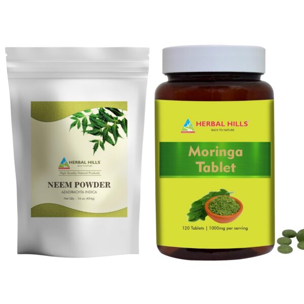 HERBAL HILLS polvo hoja de Neem y tabletas de Moringa pack