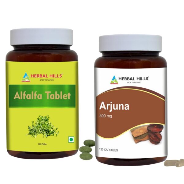 Herbal Hills tabletas alfalfa y cápsulas arjuna combo pack 2