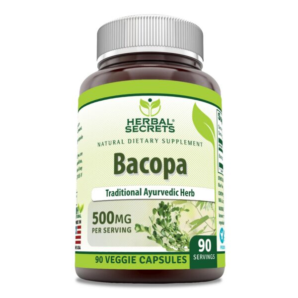 Herbal Secrets bacopa polvo 500 mg cápsulas vegetales botella frontal