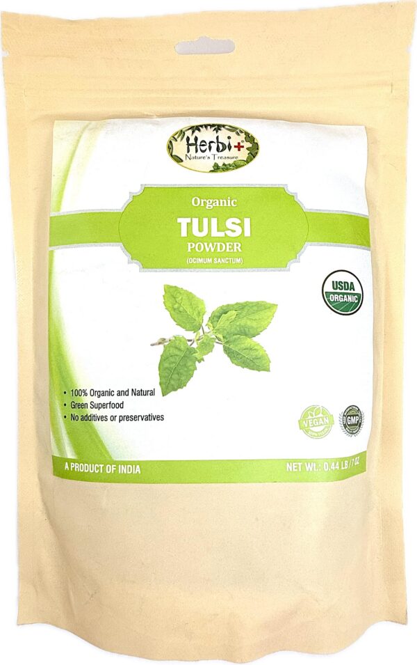 Polvo orgánico de tulsi Herbi+ en empaque resellable