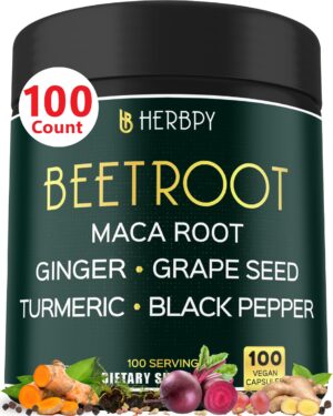 Version 1.0.0 Frasco de cápsulas veganas Herbpy de raíz de remolacha y maca