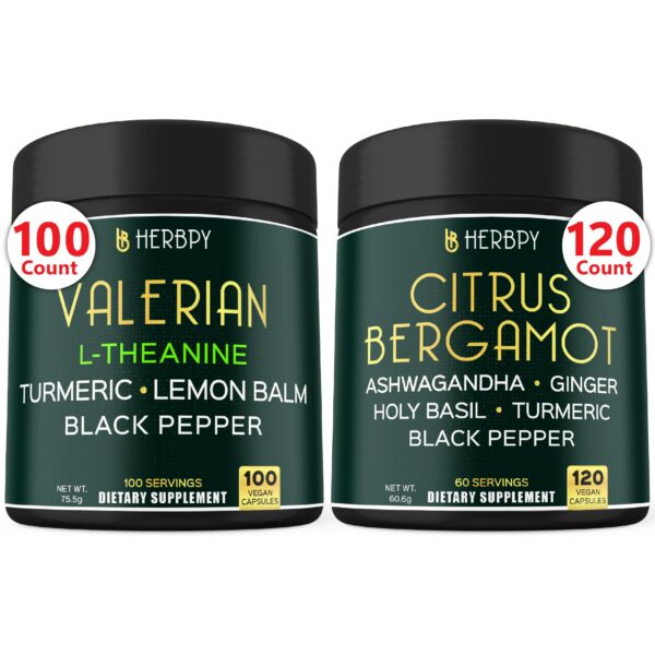 Suplementos Herbpy con raíz de valeriana y bergamota para salud