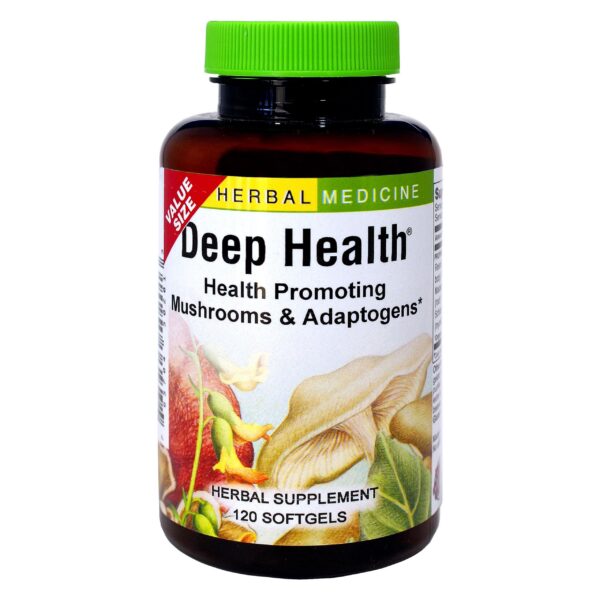 Frasco del suplemento herbal adaptógeno Herbs Etc. Deep Health 120 cápsulas
