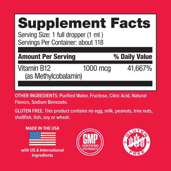 Frasco de vitamina B12 líquido con frambuesa