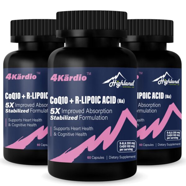 Frasco de Highland Nutritional Lab CoQ10 con ácido R-lipoico