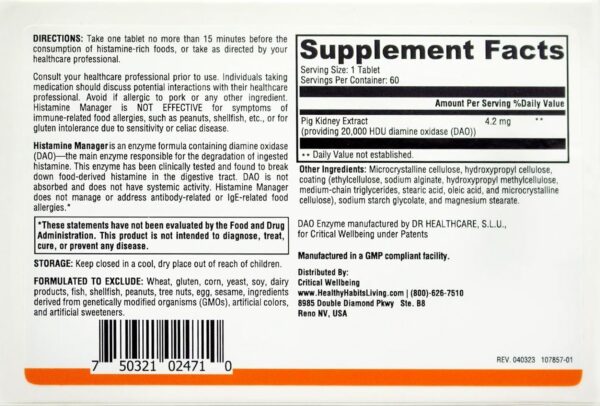 Version 1.0.0 Etiqueta del producto Histamine Manager