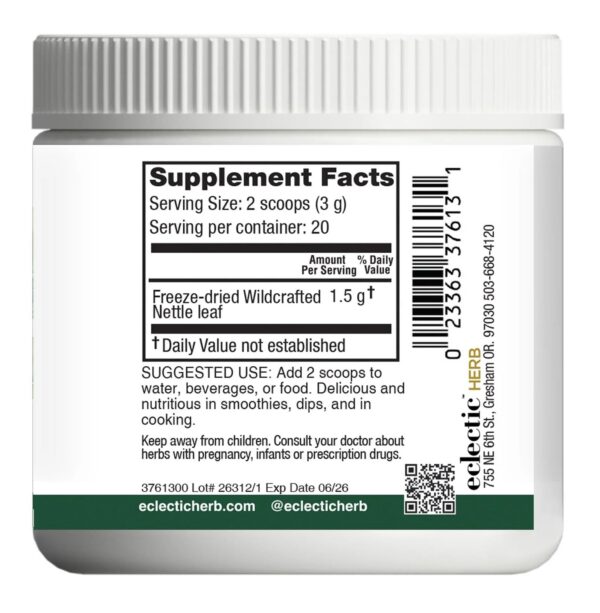 Version 1.0.0 Hoja de ortiga fresca liofilizada Eclectic Institute detalle