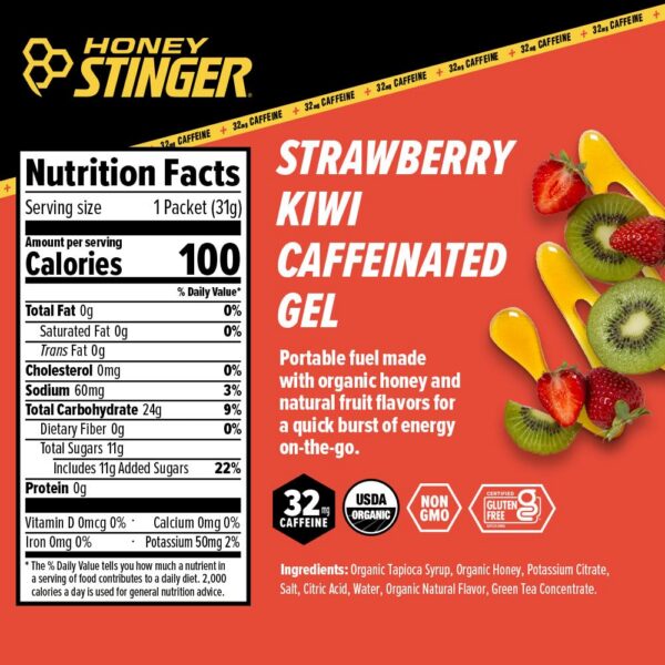 Etiqueta trasera del gel Honey Stinger sabor fresa kiwi