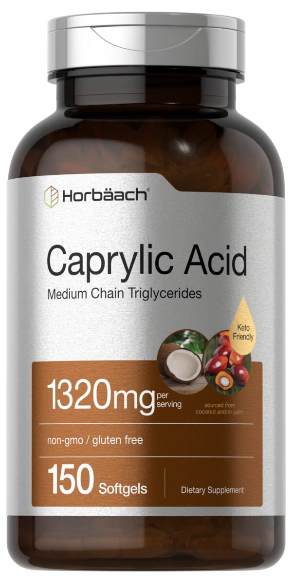 Horbaach Caprylic Acid 1320mg frasco y etiqueta