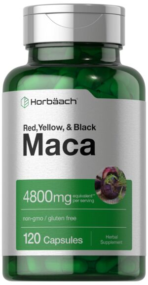Frasco de cápsulas Horbäach de maca para hombres y mujeres