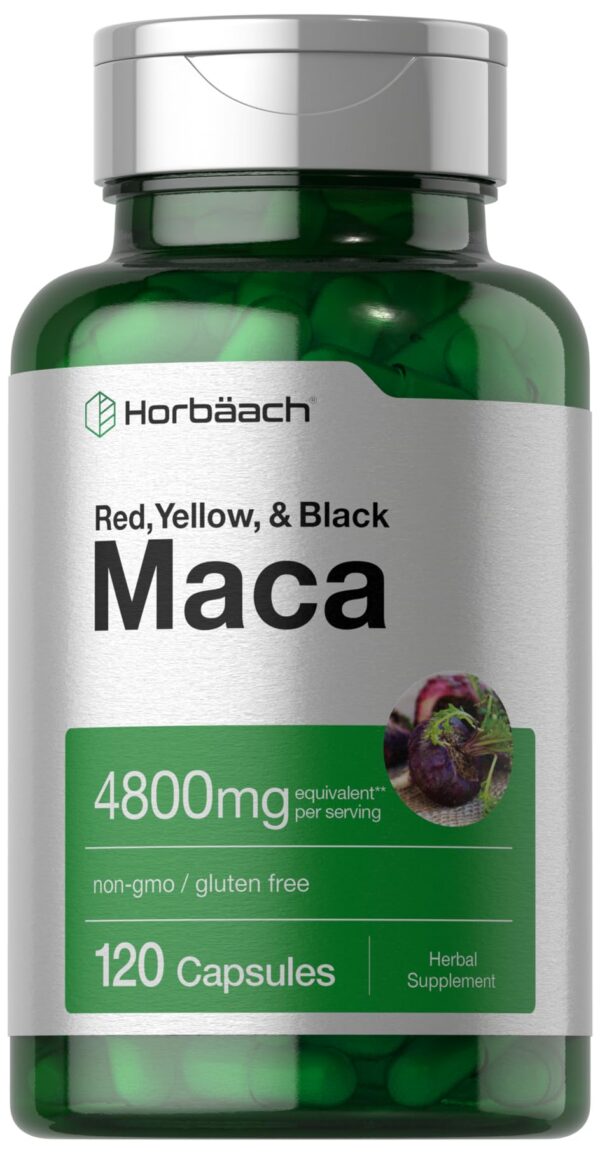 Frasco de cápsulas Horbäach de maca para hombres y mujeres