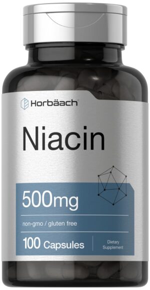 Frente de frasco Horbäach Niacina 500 mg 100 cápsulas