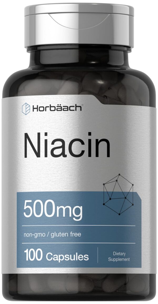 Frente de frasco Horbäach Niacina 500 mg 100 cápsulas
