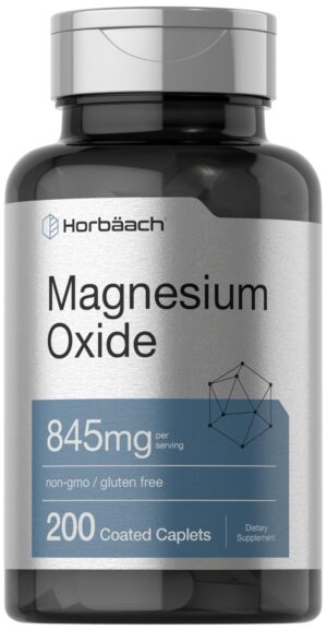 Frasco de suplemento Horbäach óxido de magnesio 845 mg 200 caplets