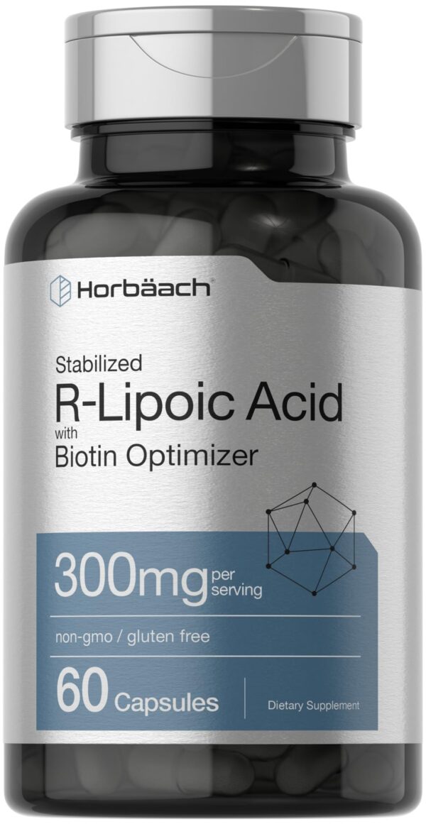 Frente de la botella Horbaach ácido R-Lipoico estabilizado 300 mg