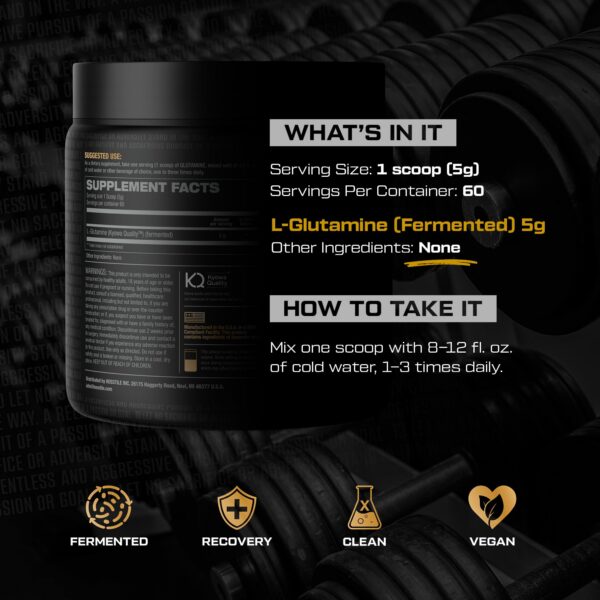 Frasco con información de porciones 60 de HOSSTILE Glutamine