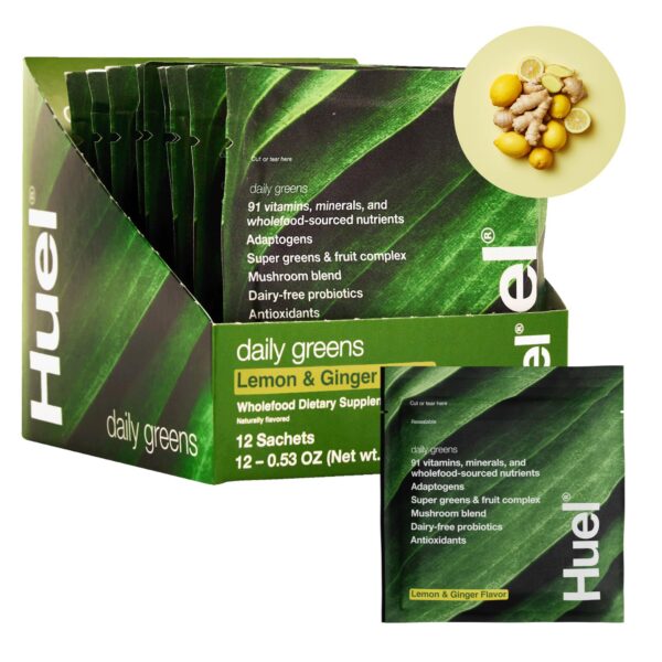 Huel Daily Greens empaque porcion lemon y jengibre frontal