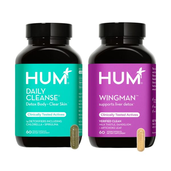 HUM Wingman y Daily Cleanse detox para piel e hígado botellas
