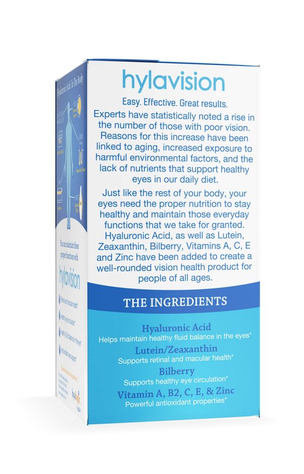 Detalle de ingredientes: ácido hialurónico, luteína y zeaxantina