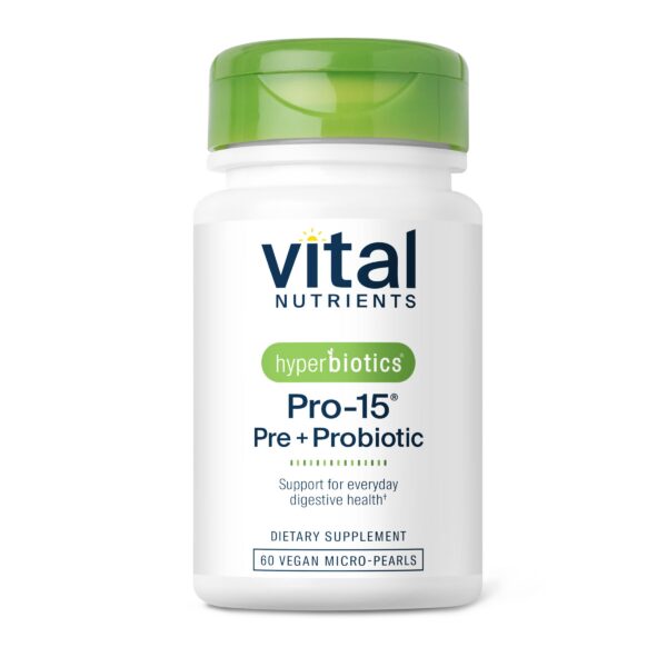 Hyperbiotics Vital Nutrients Pro-15 frasco con probióticos y prebióticos veganos