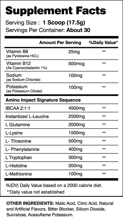 Etiqueta lateral izquierda de I-Prevail Amino Impact