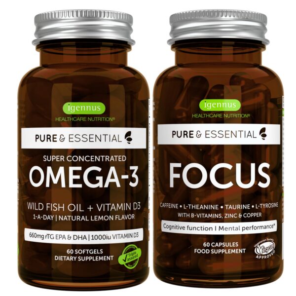 Frente del pack Igennus Omega-3 y D3 Focus Brain Booster