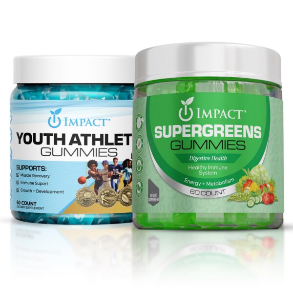 Presentación frontal del bundle Supergreens y Gummies de IMPACT