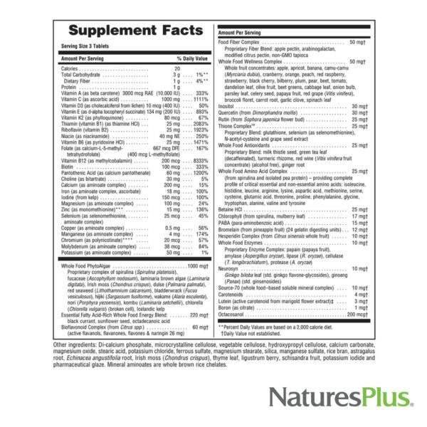 Información nutricional multivitamínico Natures Plus Ultra Source of Life