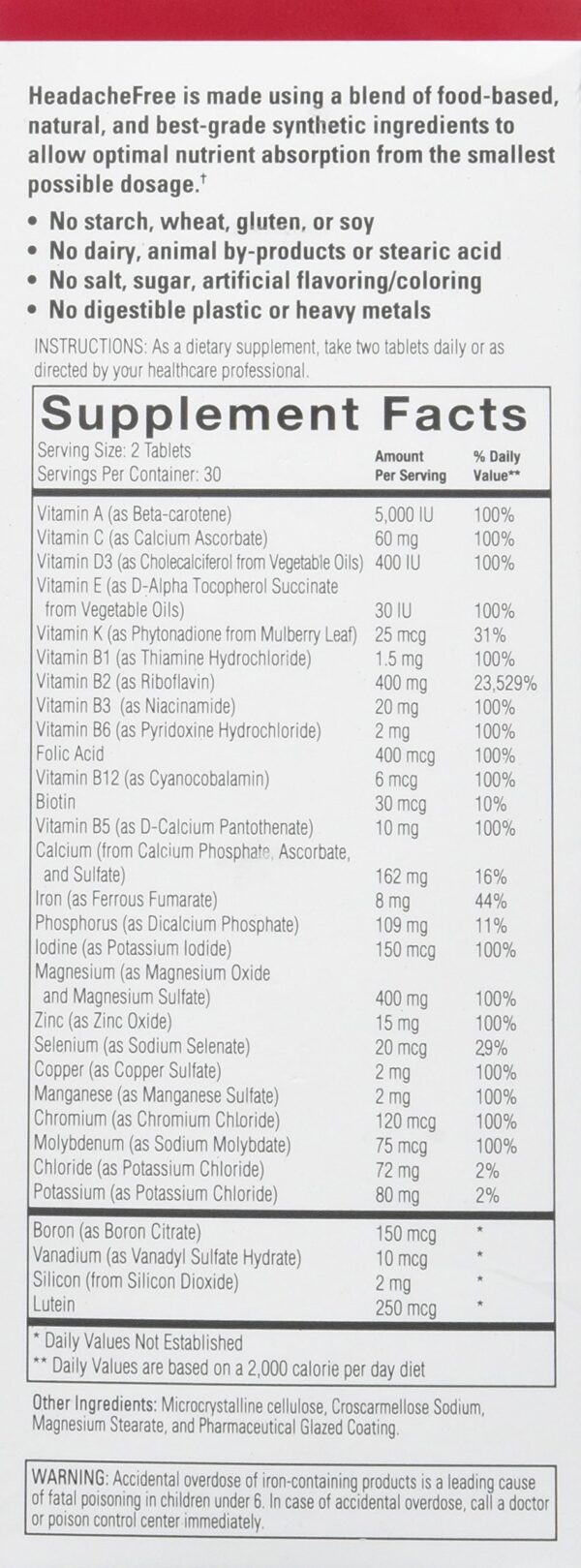 Información de HeadacheFree multivitamínico