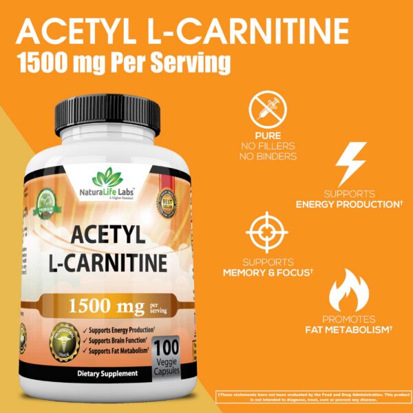 Información nutricional de suplemento Acetil L-Carnitina 1500 mg NaturaLife Labs