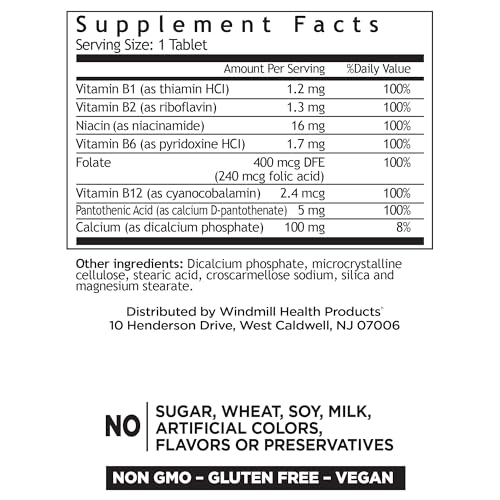 Tabla de información nutricional vitaminas complejo B Windmill